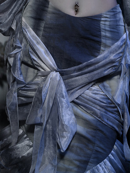 Dusty Blue Tie Dye Design Ruffle Flounce Knees Corpse Bride Goth Mermaid Skirt