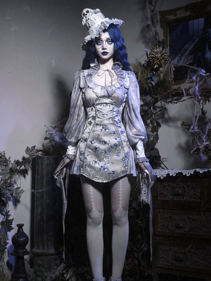 Dusty Blue Under Bust Floral Jacquard Corpse Bride Overall Dress