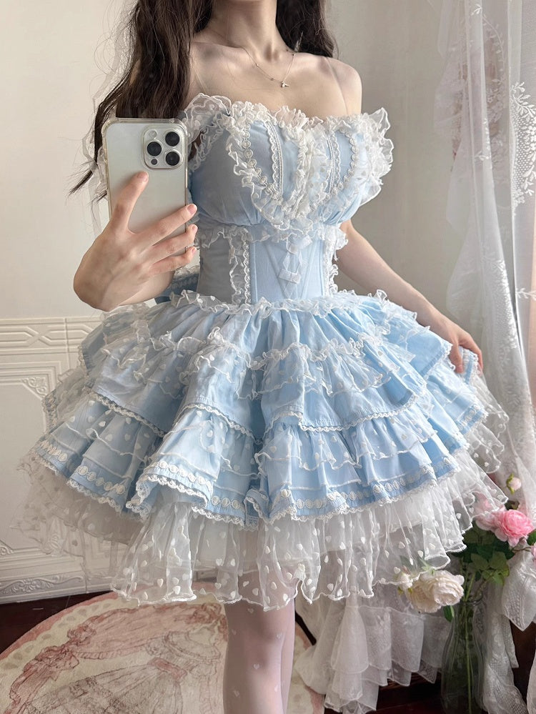Heart Polka-dot Pattern Ruffled Heart Front Blue Hanayome Lolita Dress Hime Lolita JSK