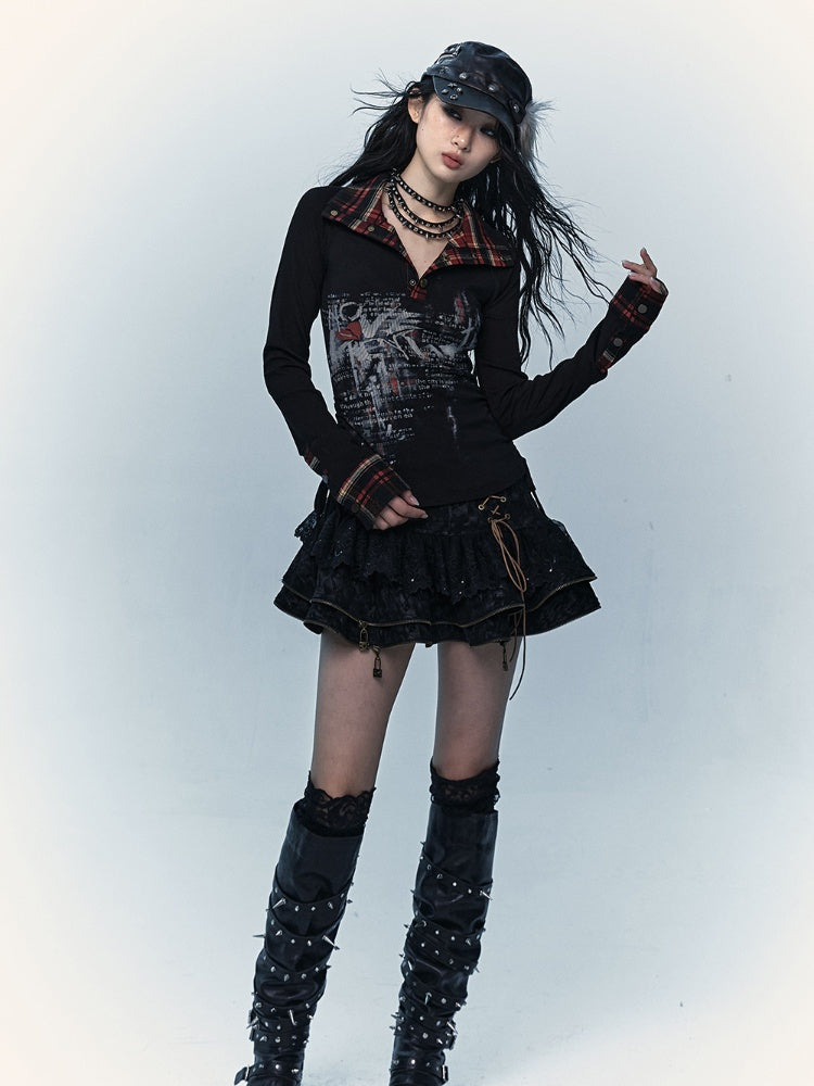 Black  Lace-up Details Lace Trim Tiered Skirt