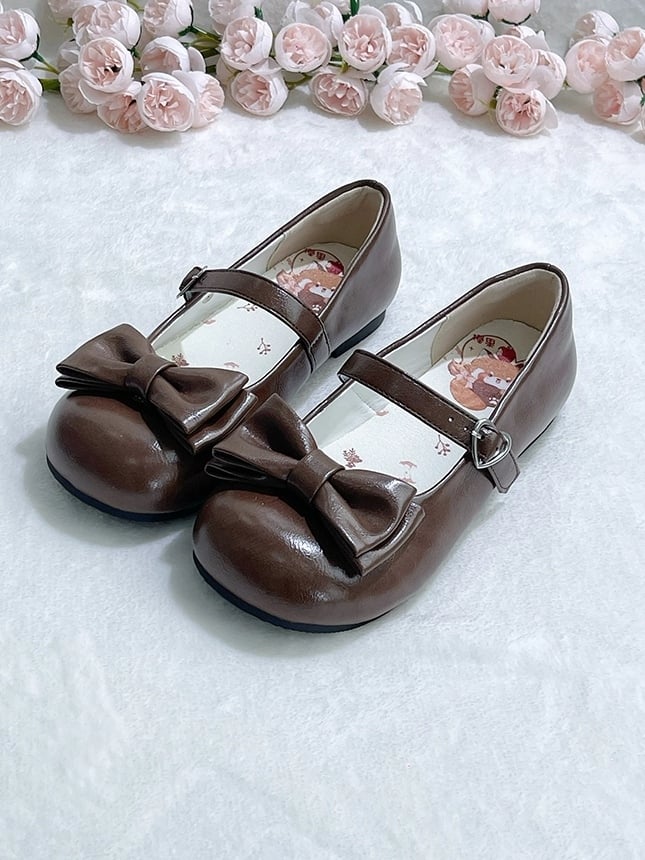 Sweet Lolita Brown Round Toe Mary Janes - Low Heel with Heart Buckle & Bow Accents