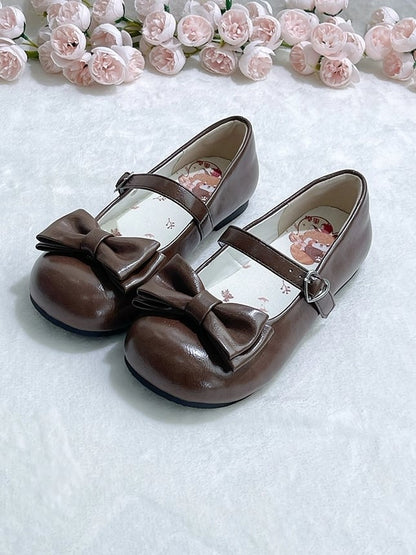 Sweet Lolita Brown Round Toe Mary Janes - Low Heel with Heart Buckle & Bow Accents