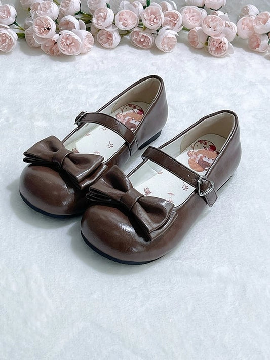 Sweet Lolita Brown Round Toe Mary Janes - Low Heel with Heart Buckle & Bow Accents