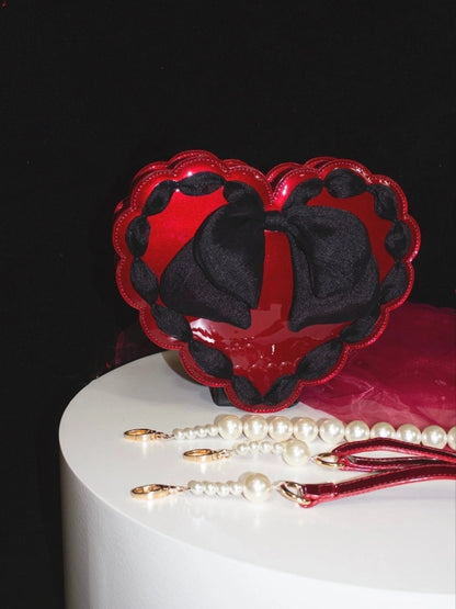 Red Heart-Shaped Lolita Bag with Black Bow & Pearl Handle