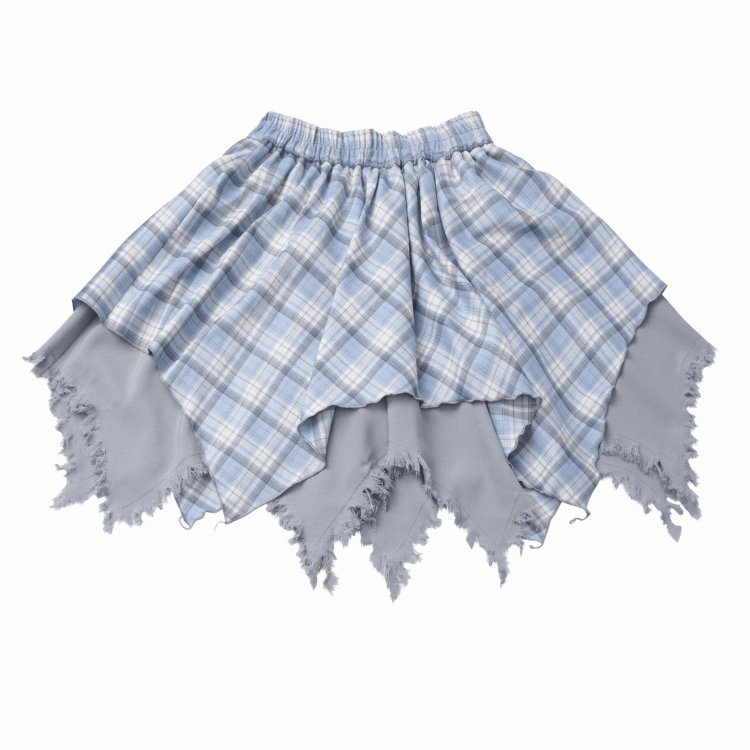 Frayed Handkerchief Hem Blue & White /Black & White Plaid Skirt
