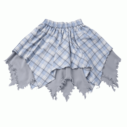 Frayed Handkerchief Hem Blue & White /Black & White Plaid Skirt