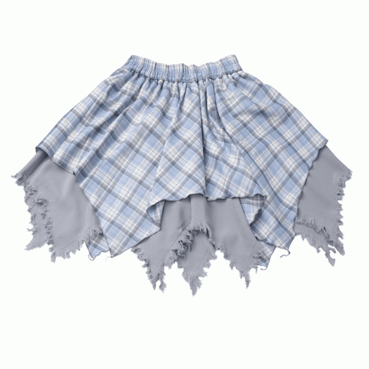 Frayed Handkerchief Hem Blue & White /Black & White Plaid Skirt