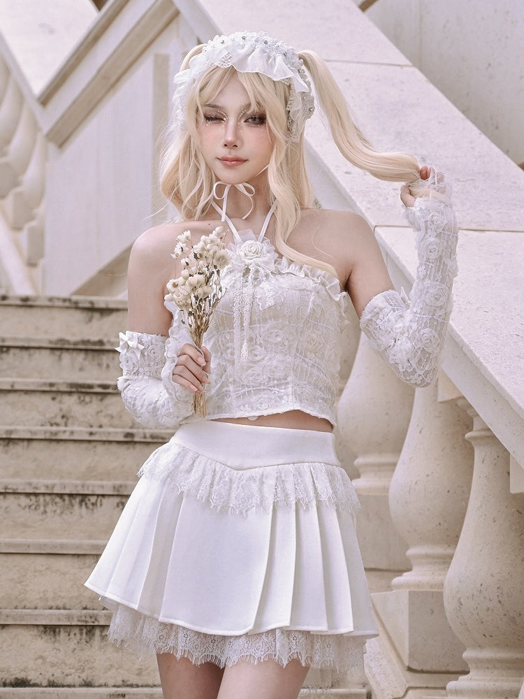 White Lace Raw Hem Fairy Goth Pleated Skirt