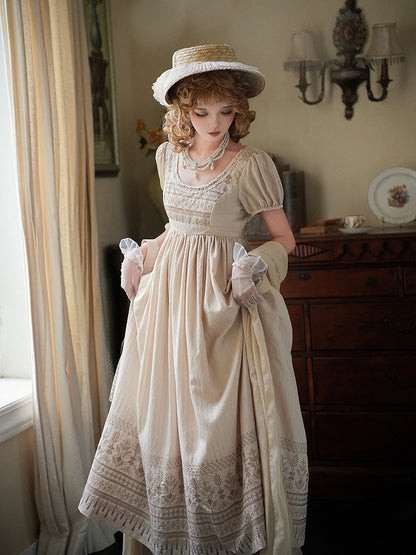 Brown Vintage Embroidery Empire Waist Elegant Lolita One Piece Long/Short Version