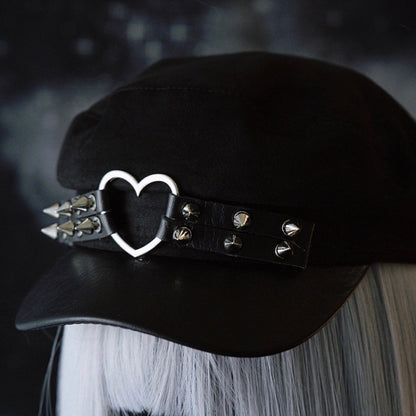 Black Gothic Heart Ring Studs Details Beret Hat