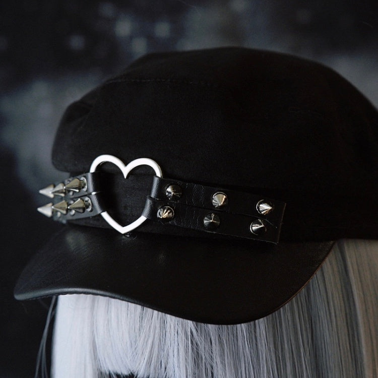 Black Gothic Heart Ring Studs Details Beret Hat