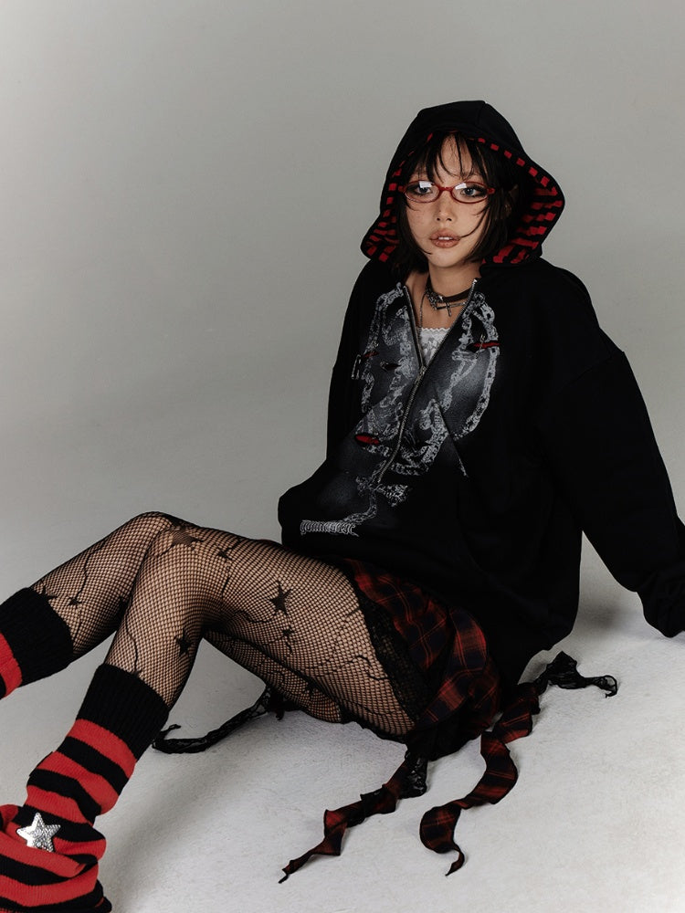 Y2K Black Distressed Holes Pin Accents Graphic Hoodie Faux Two-pieces