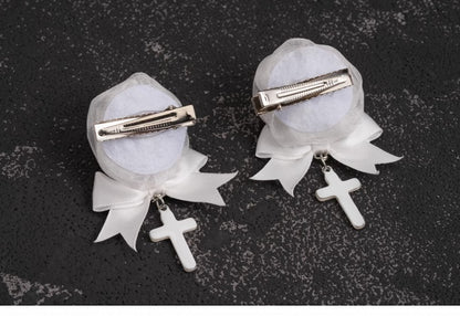 Handmade Rosette Design Gothic White Bowknot Hairclips with Crosses