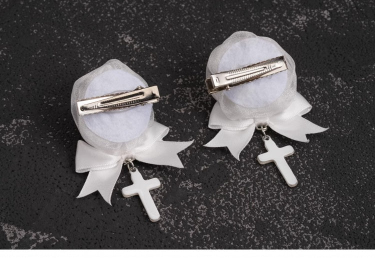 Handmade Rosette Design Gothic White Bowknot Hairclips with Crosses