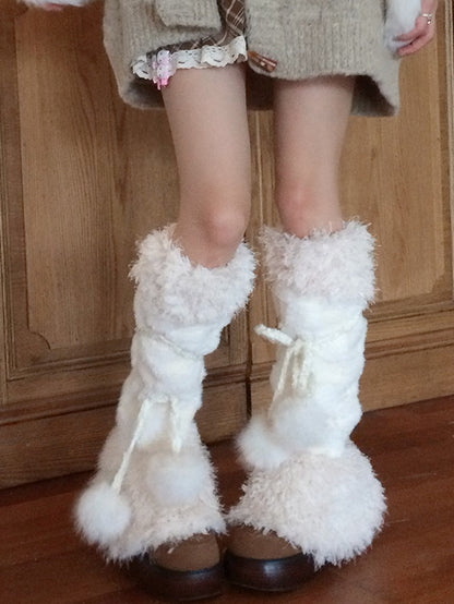 Off-white Sweet Checked Plush Leg Warmers With Pompons