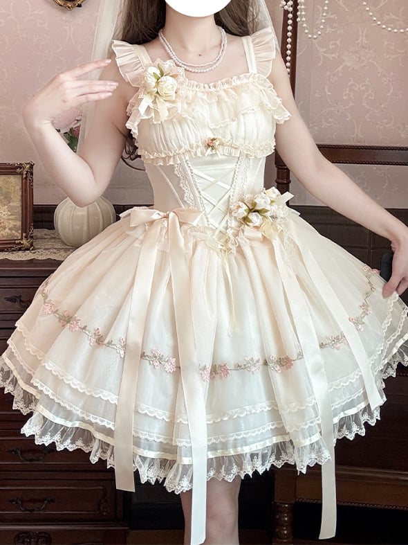 Beige Ribbon Bowknots Decoration Boned Waist Balletcore Sweet Lolita Dress Flutter Sleeves JSK