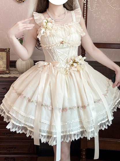 Beige Ribbon Bowknots Decoration Boned Waist Balletcore Sweet Lolita Dress Flutter Sleeves JSK