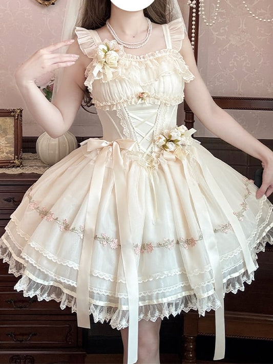Beige Ribbon Bowknots Decoration Boned Waist Balletcore Sweet Lolita Dress Flutter Sleeves JSK