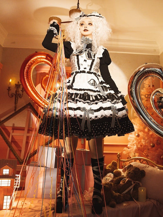 Black and White Oreo Cake Bow Accents Tiered Skirt Sweet Lolita Dress
