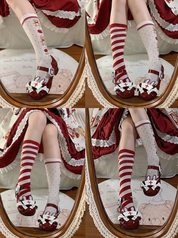 Red Sweet Lolita Low-heel Mary Janes with Bunny Ear Nurse Cap Accent & Bows Decor