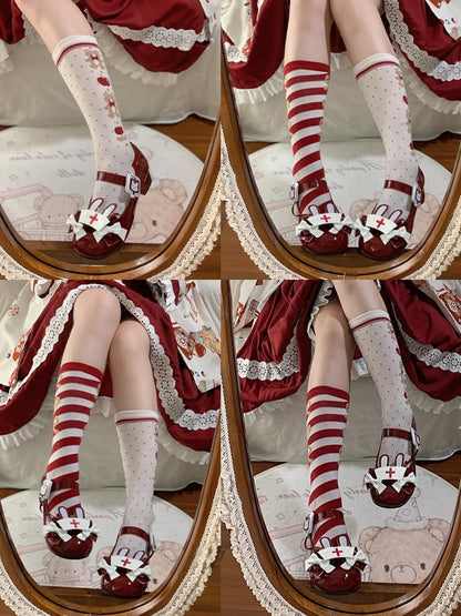 Red Sweet Lolita Low-heel Mary Janes with Bunny Ear Nurse Cap Accent & Bows Decor