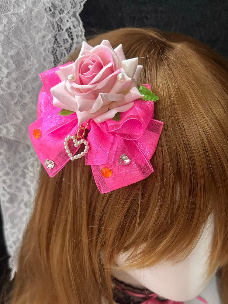 Rose Red Heart Details Floral Design Bowknot Hairclip