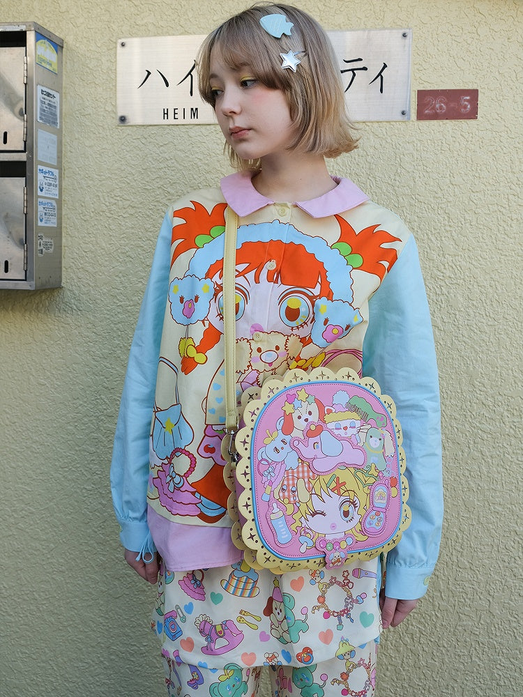 Pink Girl and Animals Print PU Bag