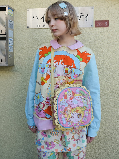 Pink Girl and Animals Print PU Bag