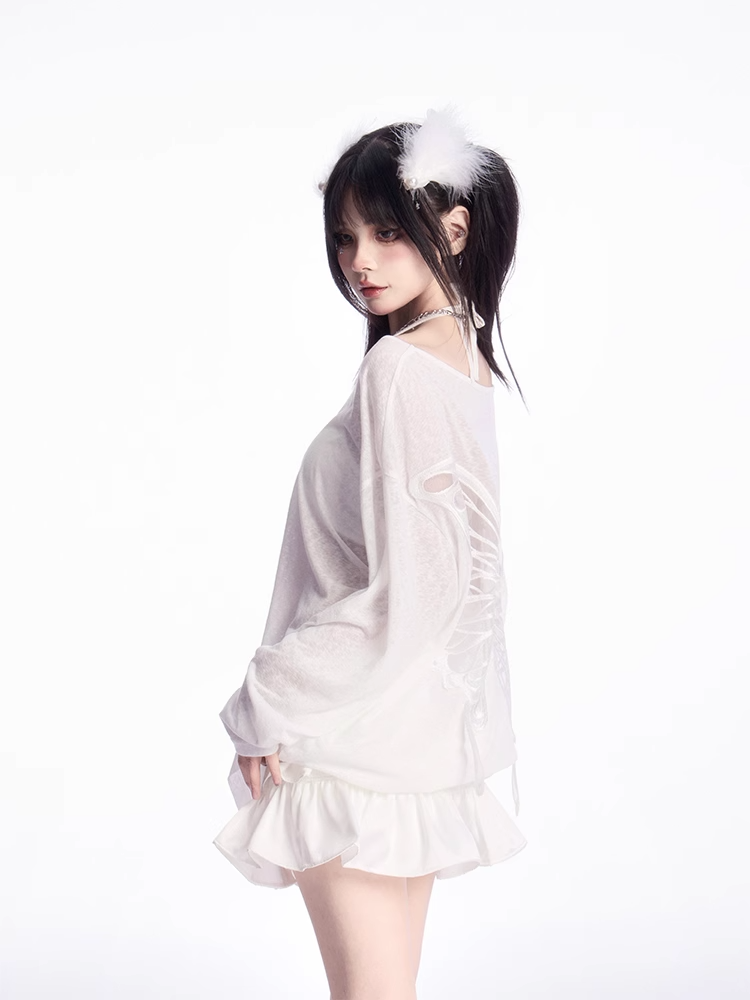 Butterfly-shaped Cutout White Asymmetrical Neckline Semi-sheer Coverup