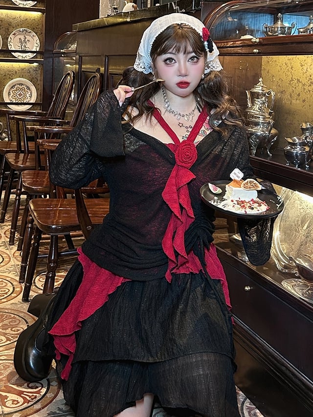 Plus Size Adjustable Straps Red Rosette Top