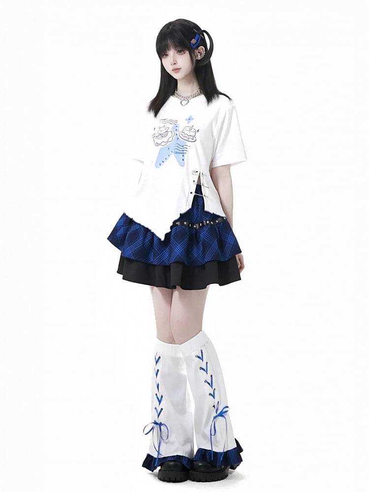 Black and Blue Plaid Star Stud Details Tiered Skirt