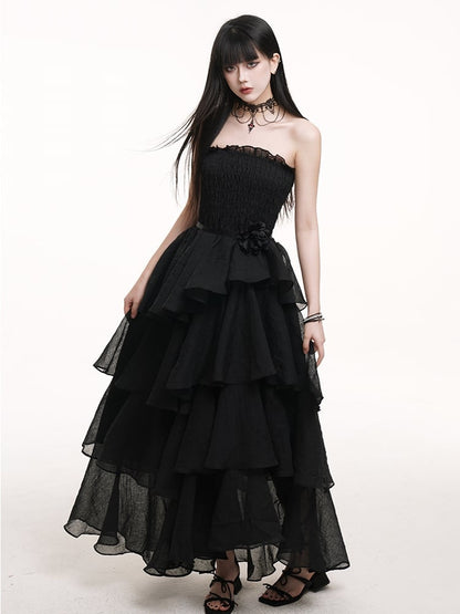Black High Waist Mesh Tiered Skirt Prom Gown Dress