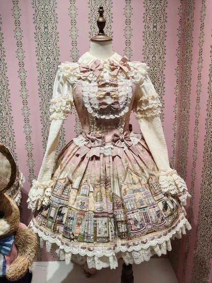 Pink Flutter Sleeves Sweet Lolita JSK Dress with Fairytale Town Print and Bow Accents