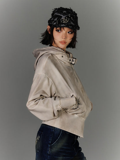 Wasteland Punk Apricot Buckle Strap Distressed Zip Closure Hoodie