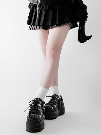 Black Punk Front Lace-up Ties Design Platform Shoes With Detachable Cross Charm Chain