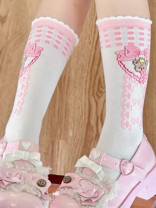 Pink Bear Print Bowknot Pattern Lolita White Calf Socks
