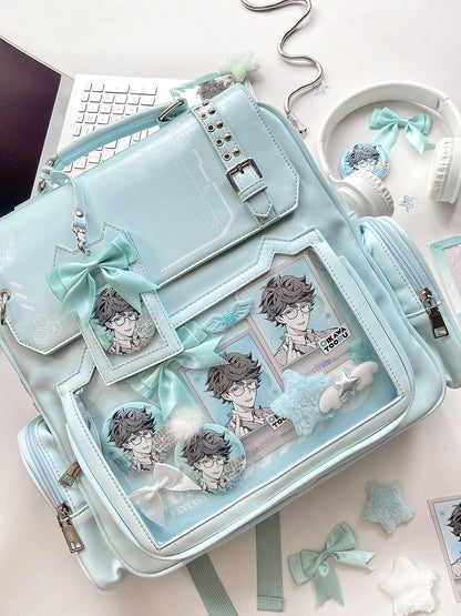 Green Cute Kitty Ear Design PU Ita Backpack with Card Holder Charm