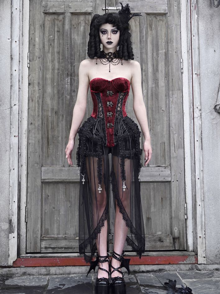 Gothic Black and Red Bustier Corset Lace-up Top Drawstring Hem