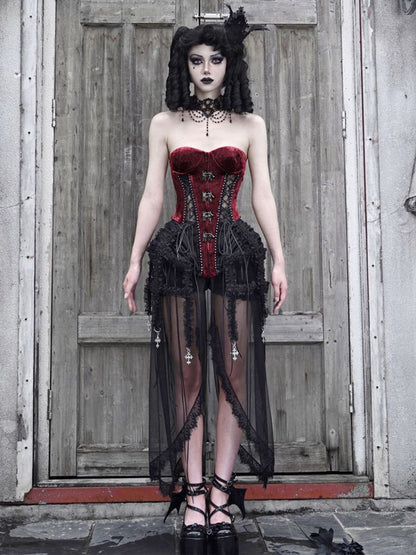 Gothic Black and Red Bustier Corset Lace-up Top Drawstring Hem