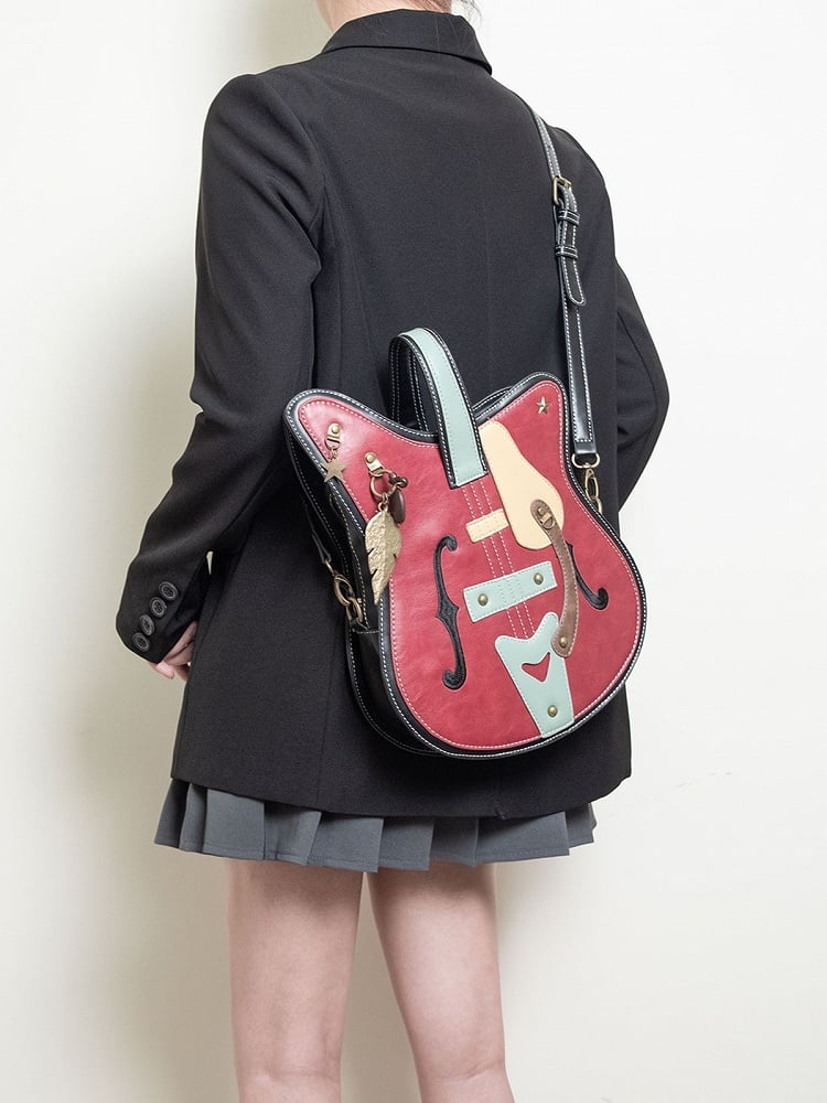 Vintage 2-Way Red Guitar-Shaped Tote Bag With Metal Feather Chain Accents