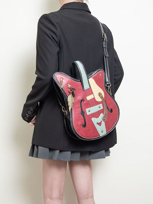 Vintage 2-Way Red Guitar-Shaped Tote Bag With Metal Feather Chain Accents