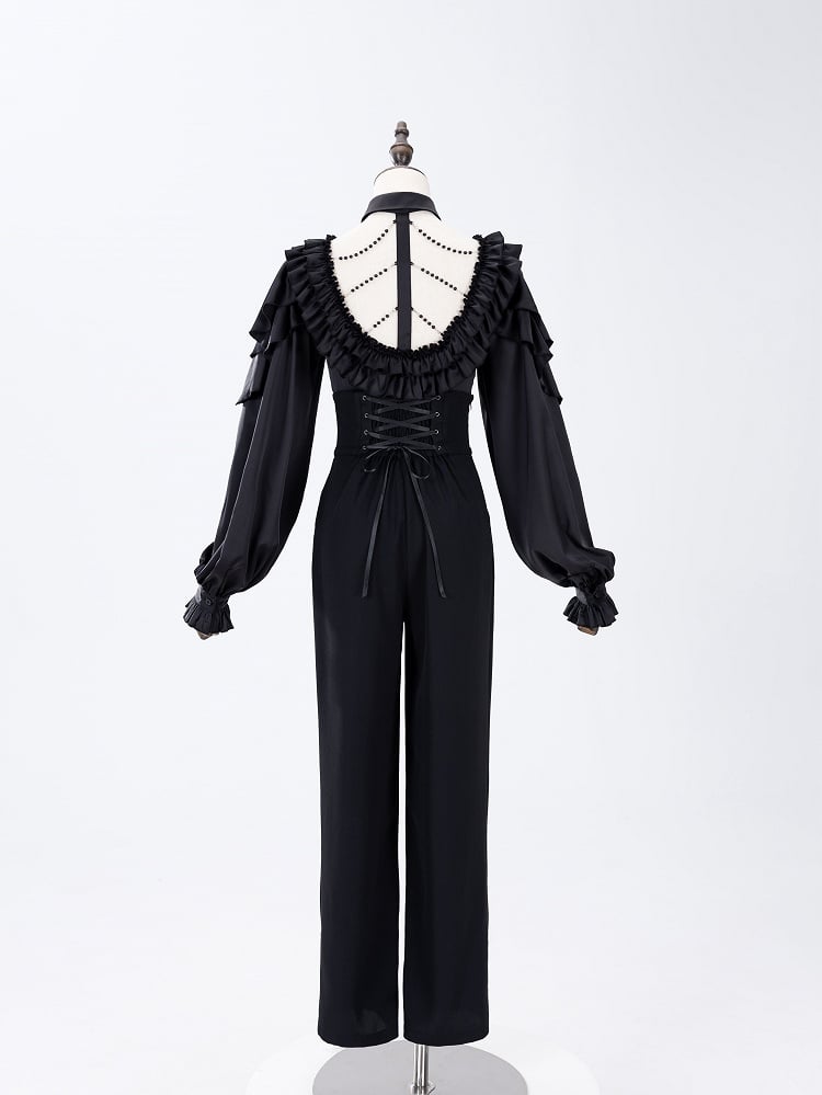 All Black Lace-up Ruffled V-neck Long Sleeves Backless Shirt