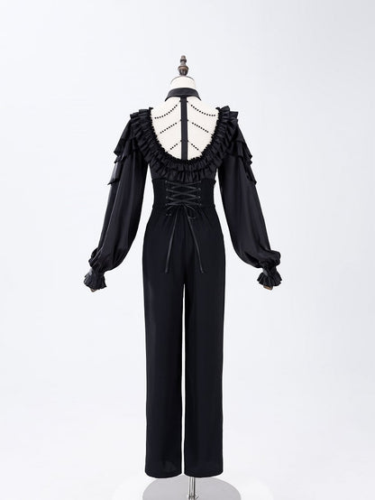 All Black Lace-up Ruffled V-neck Long Sleeves Backless Shirt