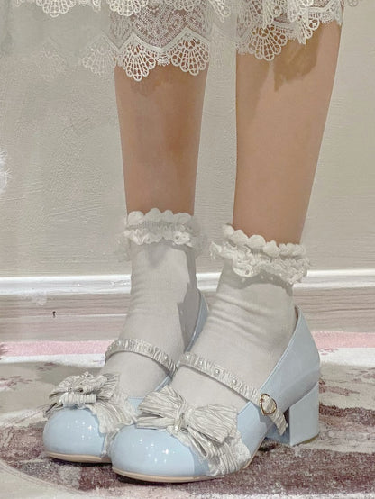 Blue&White Beaded Decorated Bow at Top 2.5CM/5CM Block Heels Round Toe Shoes