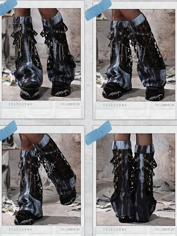 Grunge Punk Rock Mesh Patchwork Blue and Black Tie Dye Leg Warmers PU Straps with Chains Design