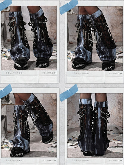 Grunge Punk Rock Mesh Patchwork Blue and Black Tie Dye Leg Warmers PU Straps with Chains Design