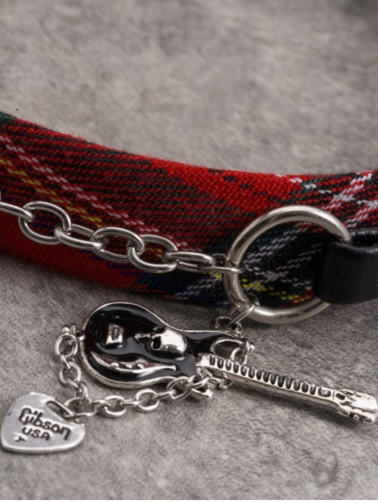 Red And Black Plaid Pattern With Chain And Guitar Charm Design KC