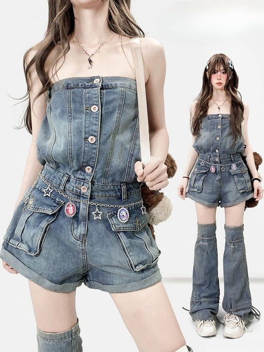 Blue Y2K Bittersweet Overall Shorts