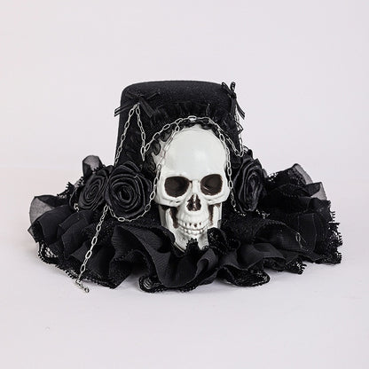 Black Floral Design Gothic Halloween Skeleton Mini Hat with Chains