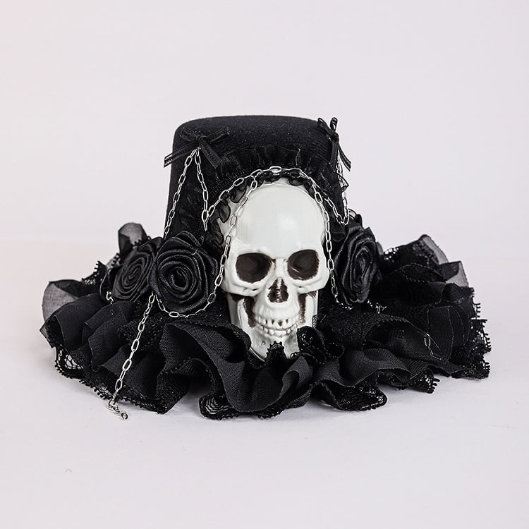 Black Floral Design Gothic Halloween Skeleton Mini Hat with Chains